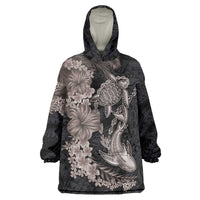 Hawaiian Tropical Plants Turtle and Shark Wearable Blanket Hoodie Polynesian Art Tattoo Grayscale Color