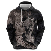 Hawaiian Tropical Plants Turtle and Shark Zip Hoodie Polynesian Art Tattoo Grayscale Color