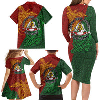 Papua New Guinea East Sepik Province Family Matching Long Sleeve Bodycon Dress and Hawaiian Shirt Tribal Crocodile Birds of Paradise Melanesian Tattoo