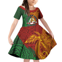 Papua New Guinea East Sepik Province Family Matching Off Shoulder Short Dress and Hawaiian Shirt Tribal Crocodile Birds of Paradise Melanesian Tattoo