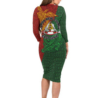 Papua New Guinea East Sepik Province Long Sleeve Bodycon Dress Tribal Crocodile Birds of Paradise Melanesian Tattoo