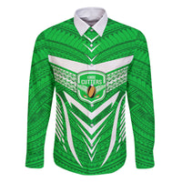 Custom Kimbe Cutters Rugby Family Matching Puletasi Dress and Hawaiian Shirt Papua New Guinea Polynesian Tattoo Green Version LT03 Dad's Shirt - Long Sleeve Green - Polynesian Pride