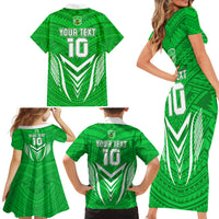 Custom Kimbe Cutters Rugby Family Matching Short Sleeve Bodycon Dress and Hawaiian Shirt Papua New Guinea Polynesian Tattoo Green Version LT03 - Polynesian Pride
