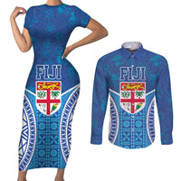 Fiji Day Couples Matching Short Sleeve Bodycon Dress and Long Sleeve Button Shirt Fijian Masi Tribal Hibiscus Tattoo and Tapa Pattern