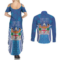 Fiji Day Couples Matching Summer Maxi Dress and Long Sleeve Button Shirt Fijian Masi Tribal Hibiscus Tattoo and Tapa Pattern