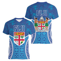 Fiji Day Women V-Neck T-Shirt Fijian Masi Tribal Hibiscus Tattoo and Tapa Pattern