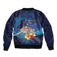 Polynesian Scuba Diving Bomber Jacket Honu with Hibiscus and Plumeria Flower and Tapa Tribal Pattern