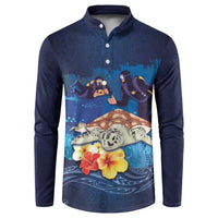 Polynesian Scuba Diving Button Sweatshirt Honu with Hibiscus and Plumeria Flower and Tapa Tribal Pattern LT03 Blue - Polynesian Pride