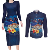 Polynesian Scuba Diving Couples Matching Long Sleeve Bodycon Dress and Long Sleeve Button Shirt Honu with Hibiscus and Plumeria Flower and Tapa Tribal Pattern