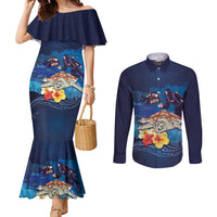 Polynesian Scuba Diving Couples Matching Mermaid Dress and Long Sleeve Button Shirt Honu with Hibiscus and Plumeria Flower and Tapa Tribal Pattern