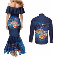 Polynesian Scuba Diving Couples Matching Mermaid Dress and Long Sleeve Button Shirt Honu with Hibiscus and Plumeria Flower and Tapa Tribal Pattern