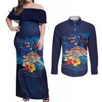 Polynesian Scuba Diving Couples Matching Off Shoulder Maxi Dress and Long Sleeve Button Shirt Honu with Hibiscus and Plumeria Flower and Tapa Tribal Pattern