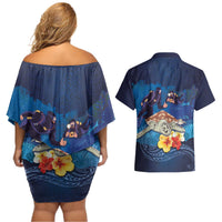 Polynesian Scuba Diving Couples Matching Off Shoulder Short Dress and Hawaiian Shirt Honu with Hibiscus and Plumeria Flower and Tapa Tribal Pattern