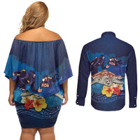 Polynesian Scuba Diving Couples Matching Off Shoulder Short Dress and Long Sleeve Button Shirt Honu with Hibiscus and Plumeria Flower and Tapa Tribal Pattern