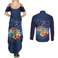 Polynesian Scuba Diving Couples Matching Summer Maxi Dress and Long Sleeve Button Shirt Honu with Hibiscus and Plumeria Flower and Tapa Tribal Pattern