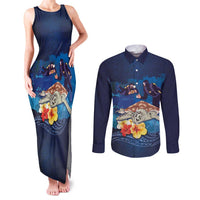 Polynesian Scuba Diving Couples Matching Tank Maxi Dress and Long Sleeve Button Shirt Honu with Hibiscus and Plumeria Flower and Tapa Tribal Pattern