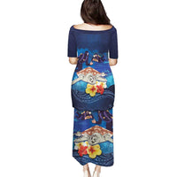 Polynesian Scuba Diving Puletasi Honu with Hibiscus and Plumeria Flower and Tapa Tribal Pattern