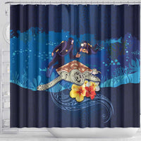 Polynesian Scuba Diving Shower Curtain Honu with Hibiscus and Plumeria Flower and Tapa Tribal Pattern