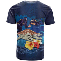 Polynesian Scuba Diving T Shirt Honu with Hibiscus and Plumeria Flower and Tapa Tribal Pattern