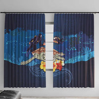 Polynesian Scuba Diving Window Curtain Honu with Hibiscus and Plumeria Flower and Tapa Tribal Pattern