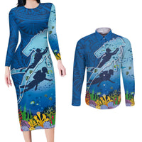 Polynesian Scuba Diving Couples Matching Long Sleeve Bodycon Dress and Long Sleeve Button Shirt Beauty Corals with Underwater and Polynesian Pattern