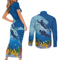Polynesian Scuba Diving Couples Matching Short Sleeve Bodycon Dress and Long Sleeve Button Shirt Beauty Corals with Underwater and Polynesian Pattern