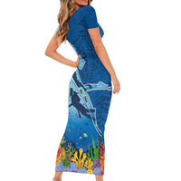 Polynesian Scuba Diving Short Sleeve Bodycon Dress Beauty Corals with Underwater and Polynesian Pattern LT03 - Polynesian Pride