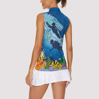 Polynesian Scuba Diving Women Sleeveless Polo Shirt Beauty Corals with Underwater and Polynesian Pattern