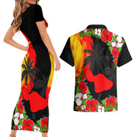 Hawaii Maui Island Couples Matching Short Sleeve Bodycon Dress and Hawaiian Shirt Maui Map With Tropical Forest Sunset Vibe LT03 - Polynesian Pride