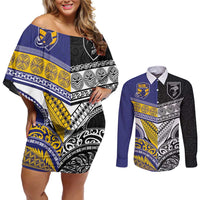Custom Rugby Niue and Aotearoa Couples Matching Off Shoulder Short Dress and Long Sleeve Button Shirt Hiapo with Maori Moko Tribal Heritage Tattoos - Polynesian Pride