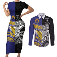 Custom Rugby Niue and Aotearoa Couples Matching Short Sleeve Bodycon Dress and Long Sleeve Button Shirt Hiapo with Maori Moko Tribal Heritage Tattoos - Polynesian Pride