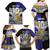 Custom Rugby Niue and Aotearoa Family Matching Off Shoulder Maxi Dress and Hawaiian Shirt Hiapo with Maori Moko Tribal Heritage Tattoos - Polynesian Pride