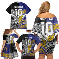 Custom Rugby Niue and Aotearoa Family Matching Off Shoulder Short Dress and Hawaiian Shirt Hiapo with Maori Moko Tribal Heritage Tattoos - Polynesian Pride