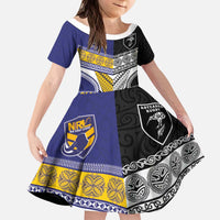 Custom Rugby Niue and Aotearoa Kid Short Sleeve Dress Hiapo with Maori Moko Tribal Heritage Tattoos - Polynesian Pride