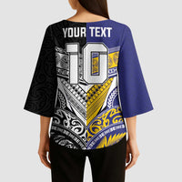 Custom Rugby Niue and Aotearoa Kimono Sleeve Blouse Hiapo with Maori Moko Tribal Heritage Tattoos - Polynesian Pride