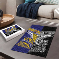 Rugby Niue and Aotearoa Puzzle Hiapo with Maori Moko Tribal Heritage Tattoos - Polynesian Pride