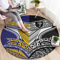 Rugby Niue and Aotearoa Round Carpet Hiapo with Maori Moko Tribal Heritage Tattoos - Polynesian Pride