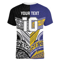 Custom Rugby Niue and Aotearoa Women V-Neck T-Shirt Hiapo with Maori Moko Tribal Heritage Tattoos - Polynesian Pride