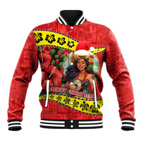 Hawaii Christmas Baseball Jacket Hula Girl Hibiscus With Hawaiian Style Tribal Fabric Patchwork LT03 Unisex Red - Polynesian Pride
