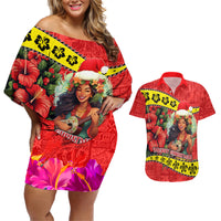 Hawaii Christmas Couples Matching Off Shoulder Short Dress and Hawaiian Shirt Hula Girl Hibiscus With Hawaiian Style Tribal Fabric Patchwork LT03 Red - Polynesian Pride