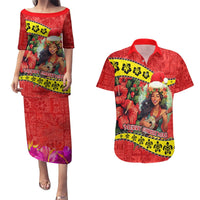 Hawaii Christmas Couples Matching Puletasi Dress and Hawaiian Shirt Hula Girl Hibiscus With Hawaiian Style Tribal Fabric Patchwork LT03 Red - Polynesian Pride