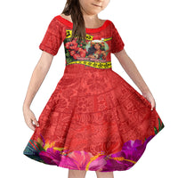 Hawaii Christmas Family Matching Off Shoulder Short Dress and Hawaiian Shirt Hula Girl Hibiscus With Hawaiian Style Tribal Fabric Patchwork LT03 Daughter's Dress Red - Polynesian Pride