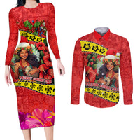 Personalised Hawaii Christmas Couples Matching Long Sleeve Bodycon Dress and Long Sleeve Button Shirt Hula Girl Hibiscus With Hawaiian Style Tribal Fabric Patchwork LT03 Red - Polynesian Pride