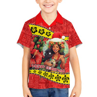 Personalised Hawaii Christmas Family Matching Puletasi Dress and Hawaiian Shirt Hula Girl Hibiscus With Hawaiian Style Tribal Fabric Patchwork LT03 Son's Shirt Red - Polynesian Pride