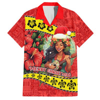 Personalised Hawaii Christmas Hawaiian Shirt Hula Girl Hibiscus With Hawaiian Style Tribal Fabric Patchwork LT03 Red - Polynesian Pride