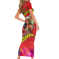Personalised Hawaii Christmas Short Sleeve Bodycon Dress Hula Girl Hibiscus With Hawaiian Style Tribal Fabric Patchwork LT03 - Polynesian Pride