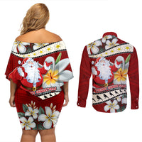 Tahiti Christmas Couples Matching Off Shoulder Short Dress and Long Sleeve Button Shirt Tiare Flowers and Pomarea Nigra with Polynesian Pattern LT03 - Polynesian Pride