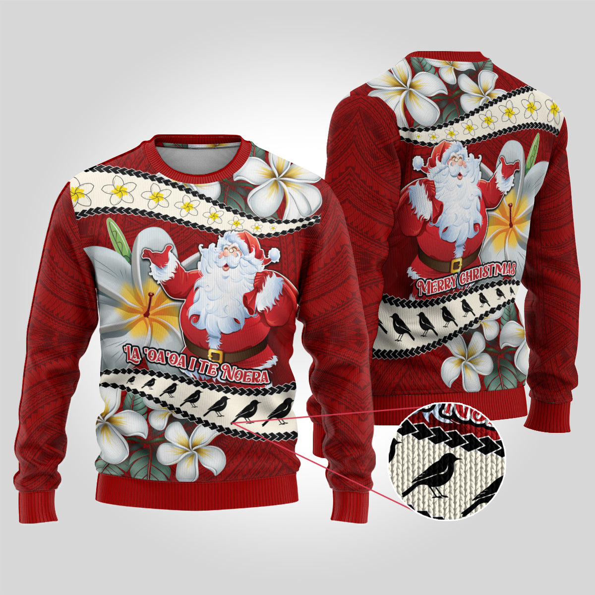 Tahiti Christmas Ugly Christmas Sweater Tiare Flowers and Pomarea Nigra with Polynesian Pattern LT03 Red - Polynesian Pride
