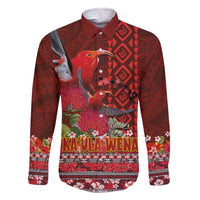 Hawaii KaʻUla Wena ʻIʻiwi Family Matching Off The Shoulder Long Sleeve Dress and Hawaiian Shirt With Tropical Plants and 'Ohi'a lehua Kakau Art Tattoo