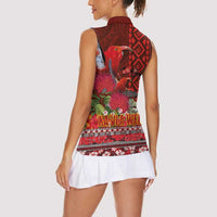 Hawaii KaʻUla Wena ʻIʻiwi Women Sleeveless Polo Shirt With Tropical Plants and 'Ohi'a lehua Kakau Art Tattoo